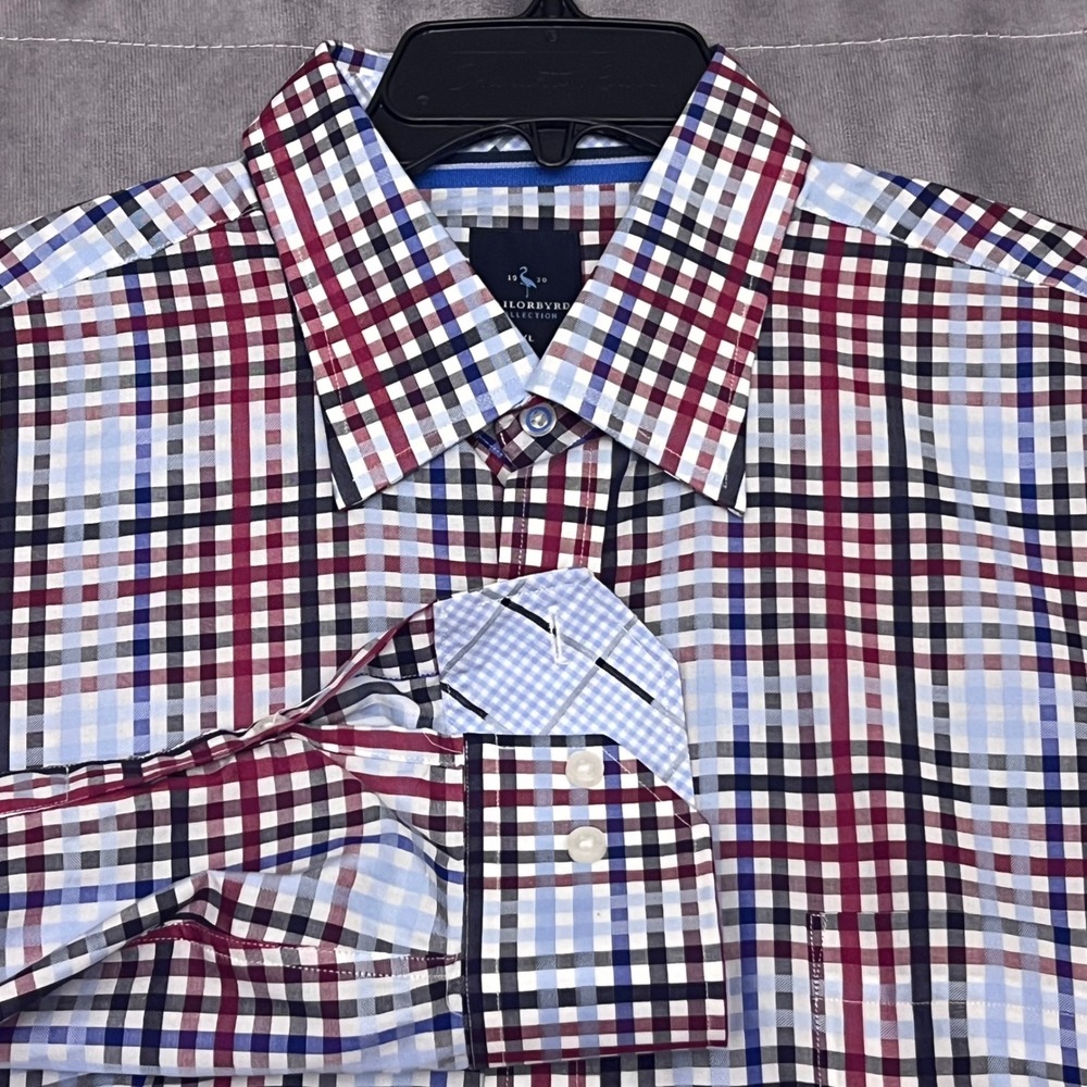 Tailorbyrd Button Down Shirt Mens XL Burgundy Blue Plaid Cotton Long Slv